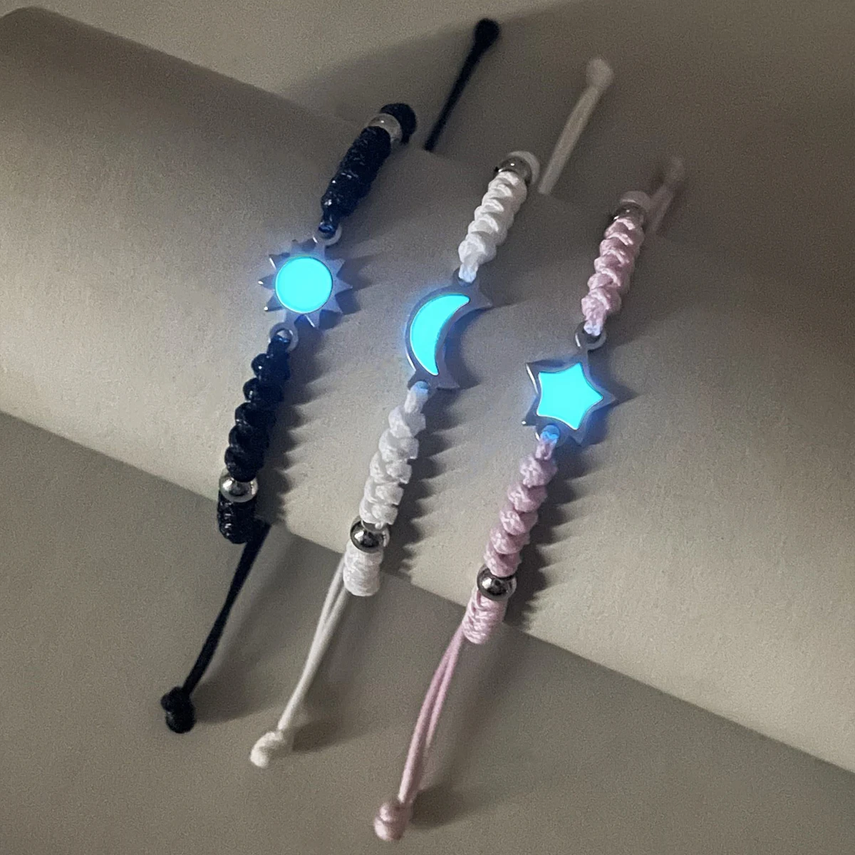 3 Pieces/Set of Stainless Steel Luminous Sun Moon and Stars Steel Ball Accessory Bracelet Hand-Woven Fashion Rope