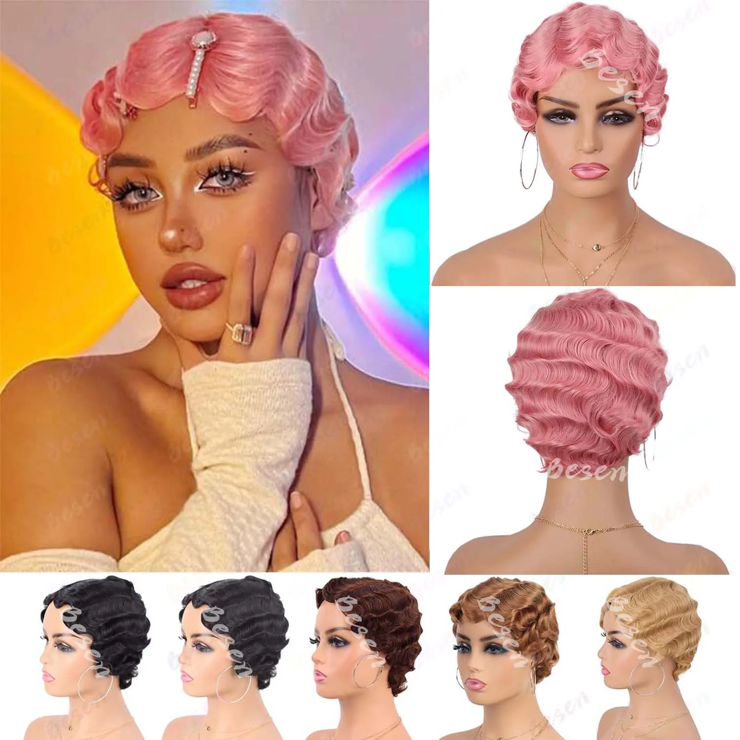 

Synthetic Short Pink Wigs for Black Women Finger Wave Wig Pixie Cut Curly Wig for Women Short Wavy Hair Wigs, Multi-colored Wig