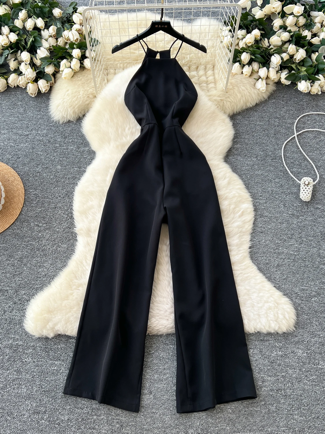 

2025 Summer Backless Black Jumpsuit Women Clothing Sleeveless High Waist Wide Leg Pants Bodysuit Elegant Evening Party Rompers
