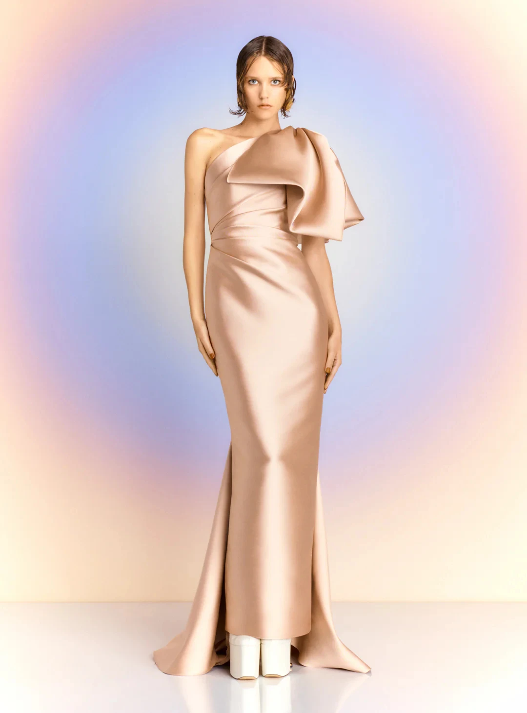 

Customized Satin Straight One Shoulder Detachable Sleeve Feathers and Bow Evening Dress Sleeveless Floor Length Panel Train