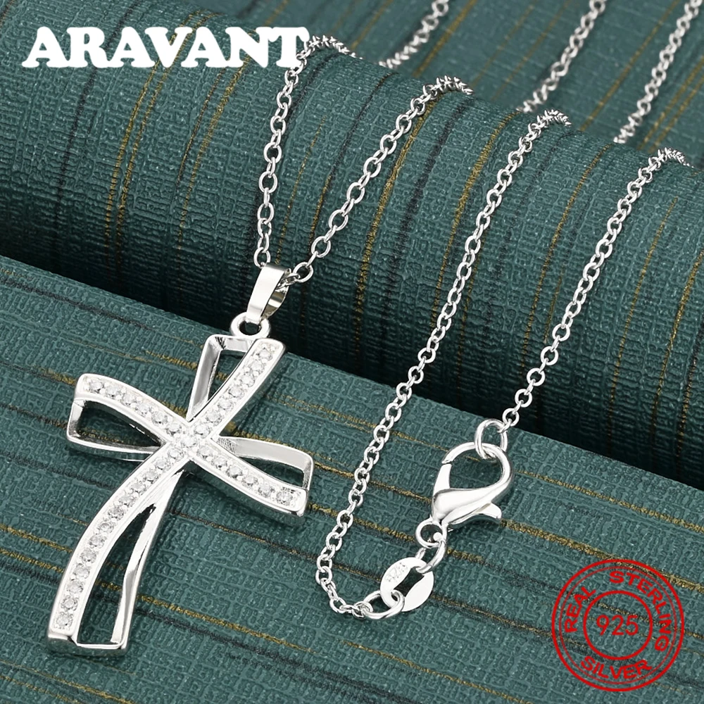 925 Sterling Silver Double Cross Pendant Necklace For Women, Commuter Accessory, Christmas Gift Jewelry