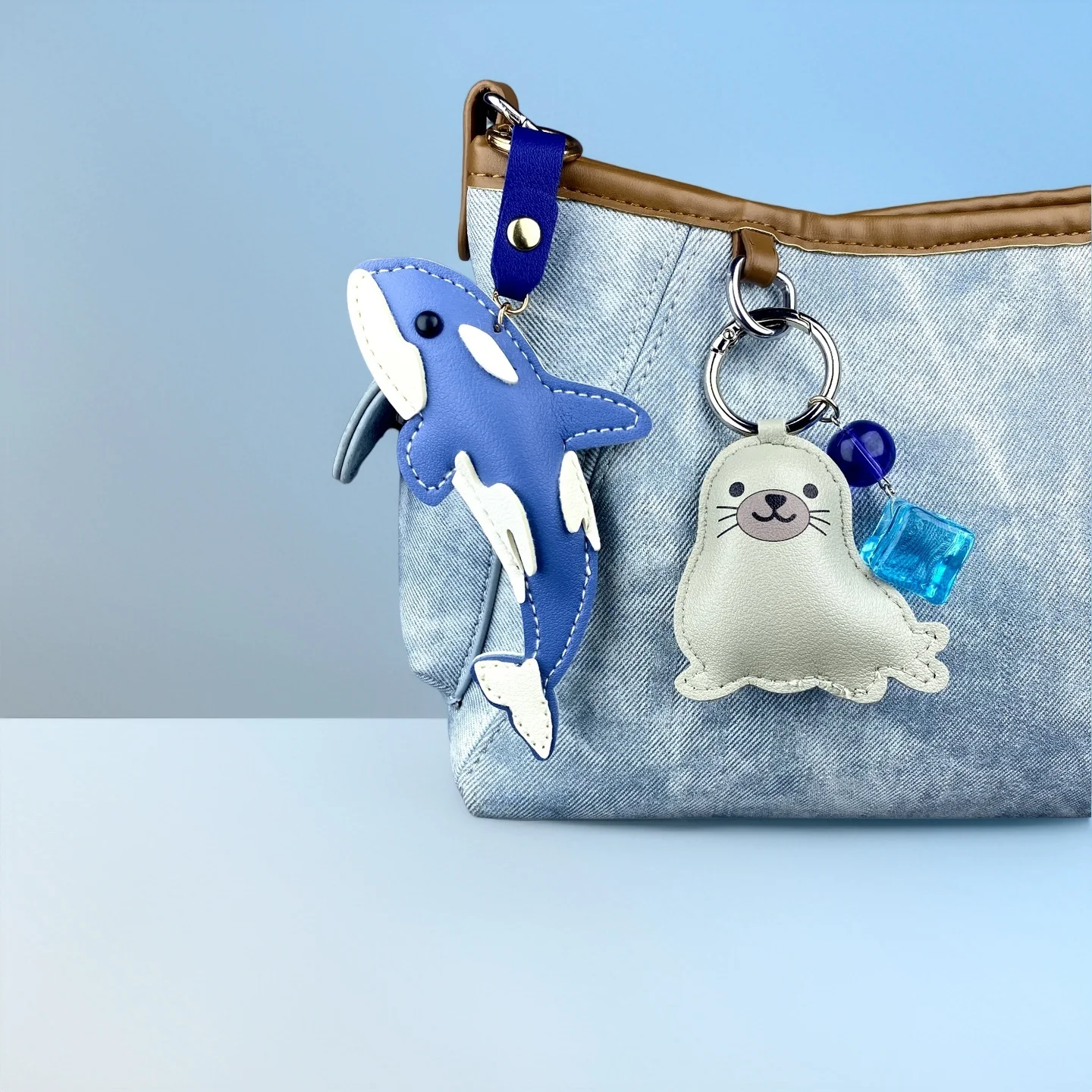 Cute PU Leather Keychain with Ocean Animal Charms - Stress Relief Sea Horse Shell Sea Lion Orca Pendant Gift Accessory view 3