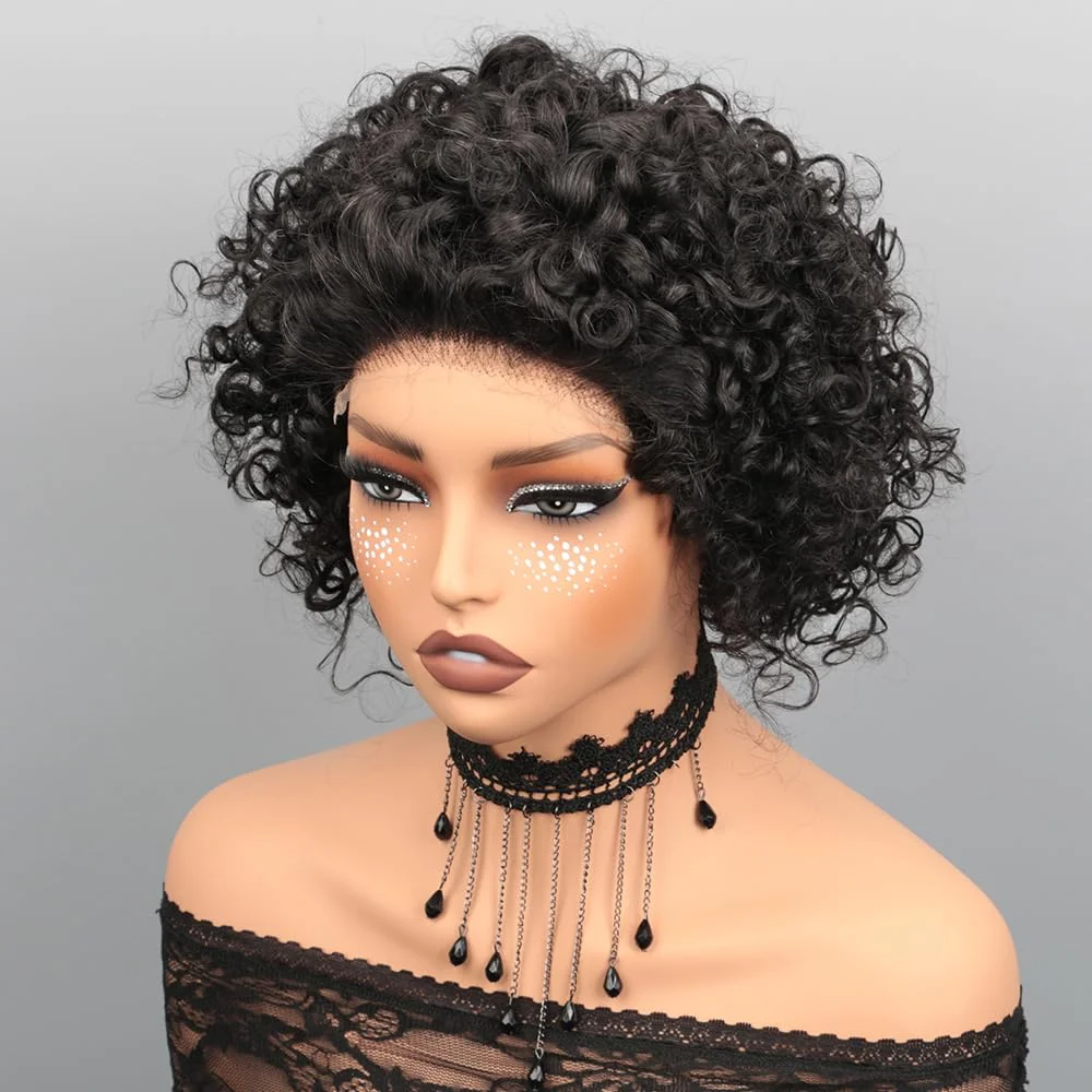 شعر مستعار بشري بقص عابث 6 بوصة، شعر بشري قصير مجعد 13 × 4 باروكات شعر بشري بدانتيل أمامي للنساء ذوات البشرة السمراء، لون أسود طبيعي متعدد الطبقات