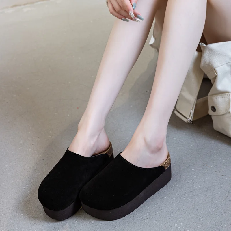 7CM Suede Cow Genuine Leather Women High Brand Ankle Boots Round Toe Flats Platform Wedge Pumps Slippers Casual Shoes