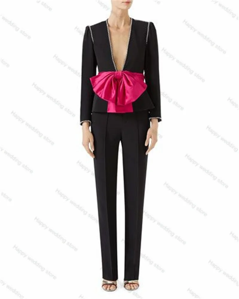 Crystals Wedding Black Women Suit Bow Blazer+Pants 2 Pieces Formal Custom Made Red Carpet Outfit Party Gown Coat Trousers