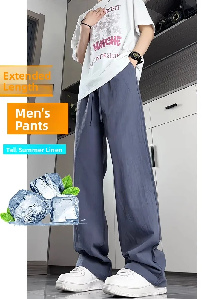 

Длинные повседневные брюки из ледяного шелка для мужчин, летние тонкие свободные дышащие льняные прямые брюки, спортивные длинные брюки Qui Dry