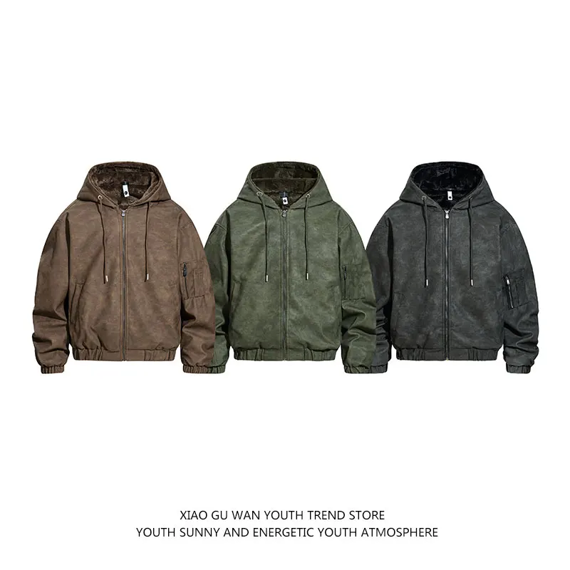 American Sle Suede Hoodie Jaet Men's Women's Loose Fit Personali Couple Outerwear Warm Thi Long Sve Zipper Closure