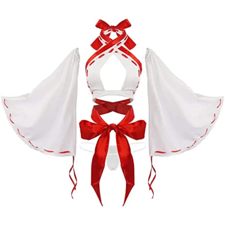 

Women Japanese Anime Miko Cosplay Outfit, Red And White Kimono Bra And Panty Set Witch Cosplay Costume