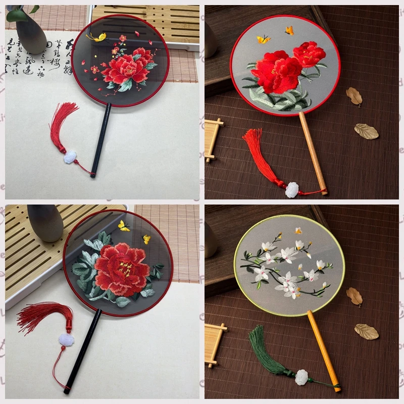 Red Flower Silk Fan Double Sided Embroidery Round Fan Chinese Palace Hanfu Hand Fan Craft Wedding Gift For Guests Home Decor