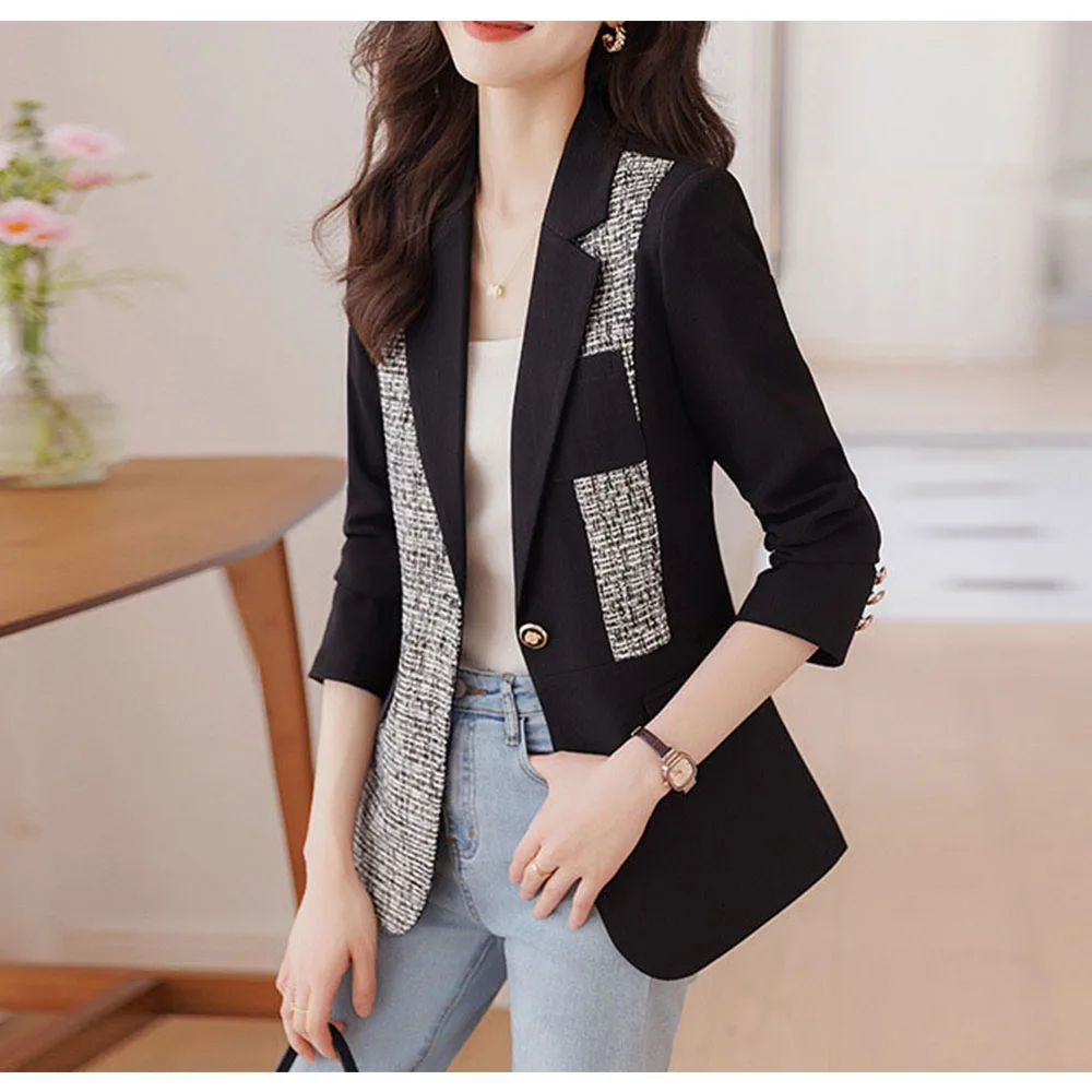 Tesco Black Women Blazer Suit Autumn New Design Casual Jacket Spliced Chin Coat For Office Lady Female Outerwear blazer mujer