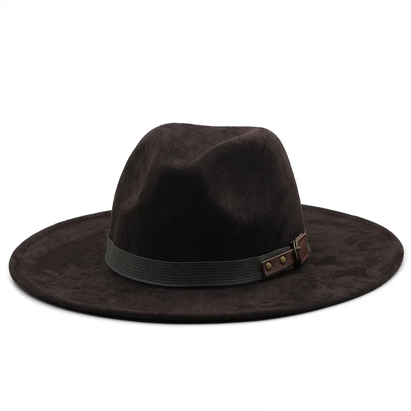 Men Suede Fedora Warm Jazz Hat Chapeau Femme feutre Panaman cap Felt Women Fedora Hats with Pearls Belt Vintage Trilby Caps