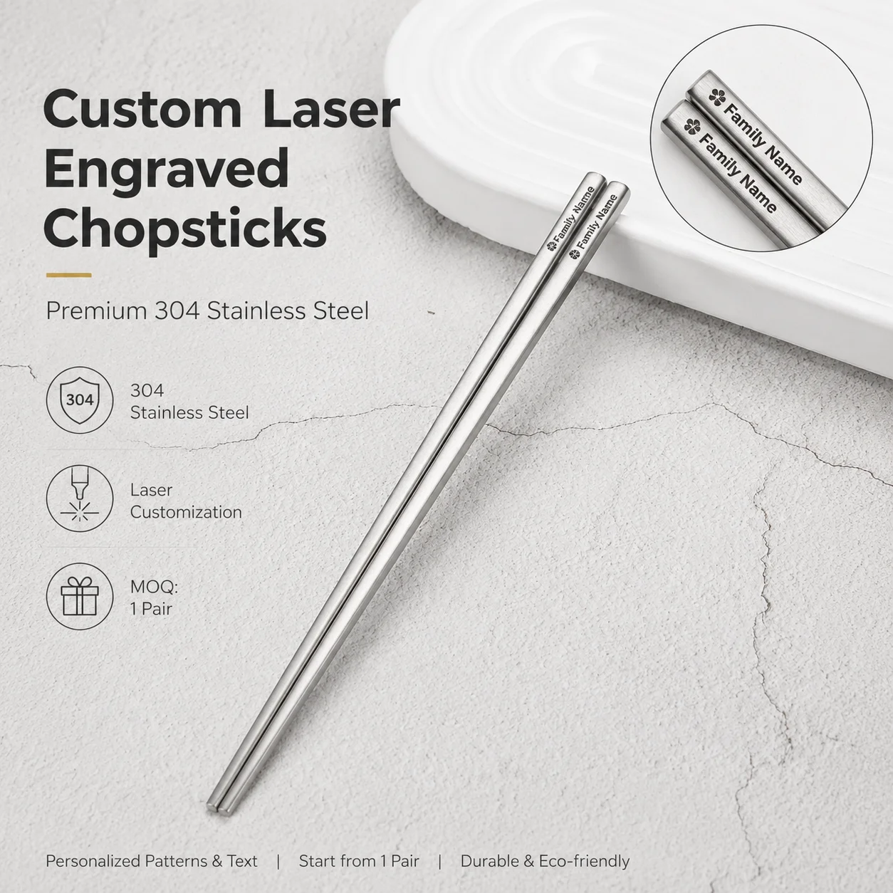 304 Stainless Steel Chopsticks Laser Engraved Custom Logo Name Signature DIY Vintage Snowflake  Distressed Korean Tableware Gift