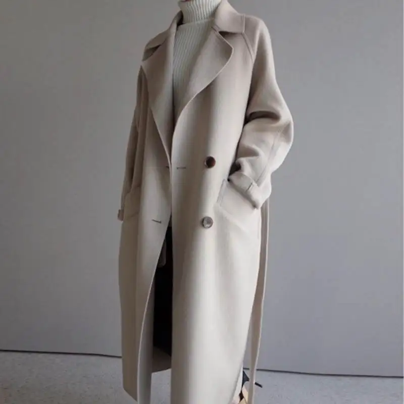 Women Woolen Coat 2026 Autumn Spring New Long Fashion Loose Knee-Length Waist-Cinched Tweed Coat Women's Clothing