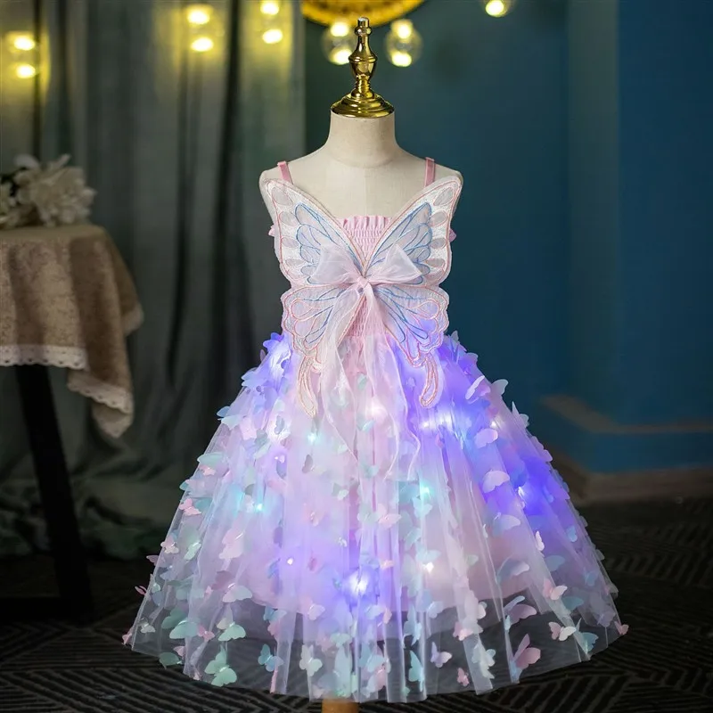 エルサプリンセスドレス女の子夏夜光ファッション蝶の羽ストラップ綿ポリエステルスカート子供服