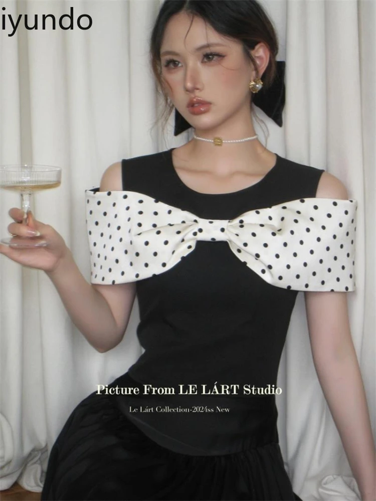 

Korean Style Black Spotted Crop Top for Women Sexy Off-Shoulder Blouse with Bow Detail Summer Trendy Casual Shirts