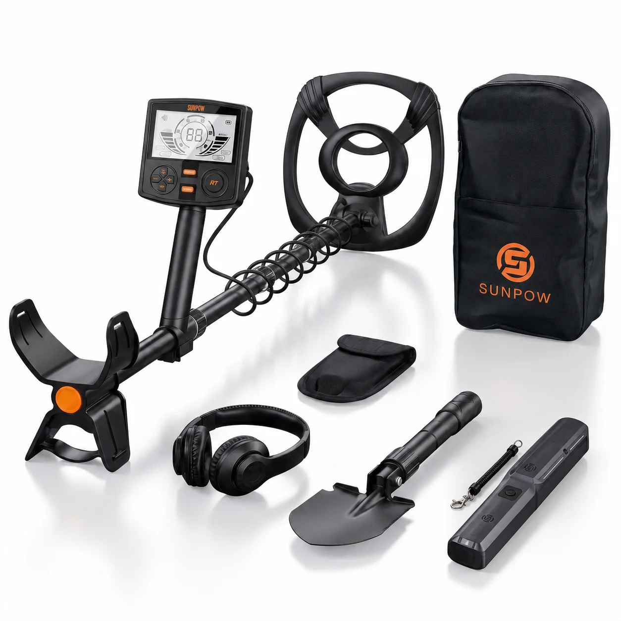 SUNPOW Unterirdischer Metalldetektor-Set mit aufladbarem Pinpointer, 25cm IP68 wasserdichte Spule, 5 hochpräzise LCD-Modi, Schatzsuche Strand Fluss Garten Relikte