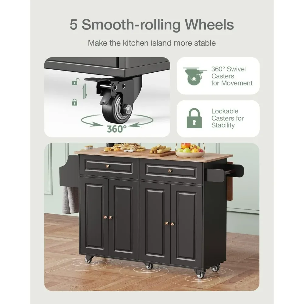 Kitchen Island, Kitchen Cart on 5 Universal Wheels, Mobile Kitchen Island with Rubber Wood Top and Side Rack, Easy to Assemble