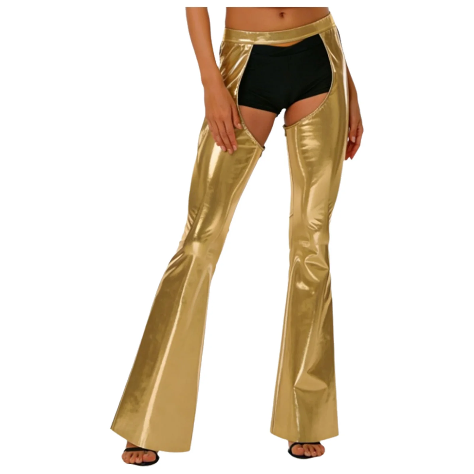 

Women Metallic Shiny Chaps Open Crotch Design Flared Bell Bottom Pants Jazz Disco Clothes for Club Music Festival Stage Wear