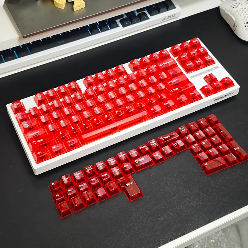 130 Keys Red Full Transparent PC Keycaps Double Shot Crystal Keycaps Cherry Profile for Cherry MX Switches Mechanical Keyboard