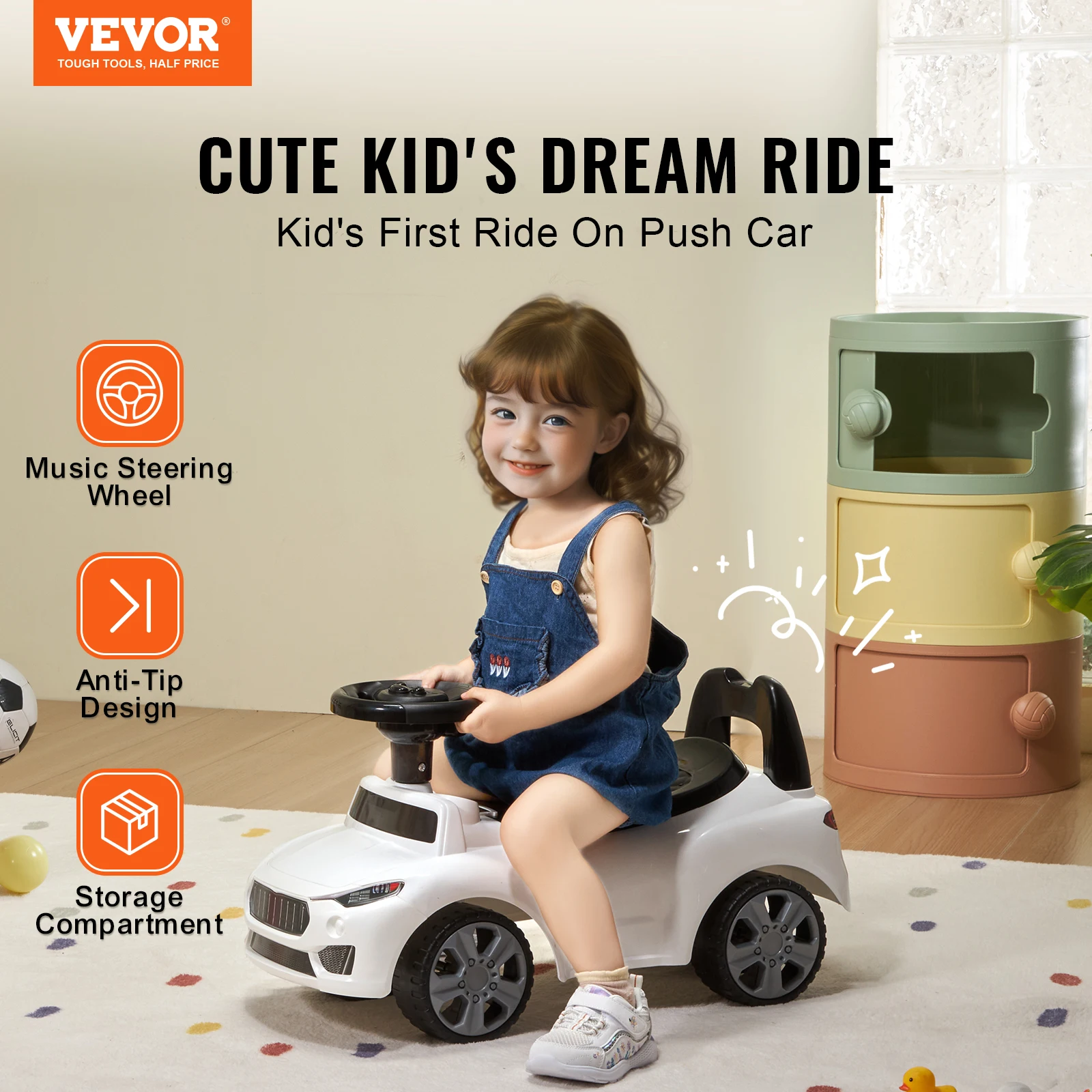 VEVOR Ride On Push Car Classic Kids Ride On Toy Car com volante musical para crianças meninos meninas de 1 a 3 anos