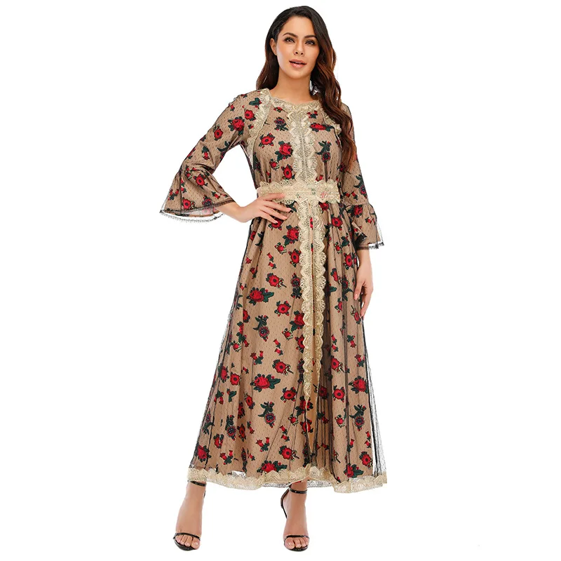 Muslim Fashion Abaya Dress Eid Malaysia Dubai  Muslim Women Printing Flower Fabric Classic Abaya Elegant Lace Dresses  Robe