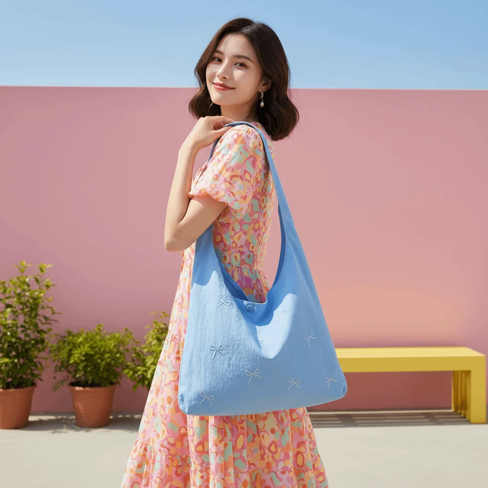 

Bowknot Embroidered Canvas Tote Large Capacity Korean Fashion Shoulder Bag Lightweight Solid Color Commute Handbag Daily Work