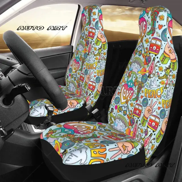 HIPPIE VAN Pokrowiec na fotel samochodowy Peace Love Niestandardowy nadruk Uniwersalny zestaw poduszek ochronnych z przodu