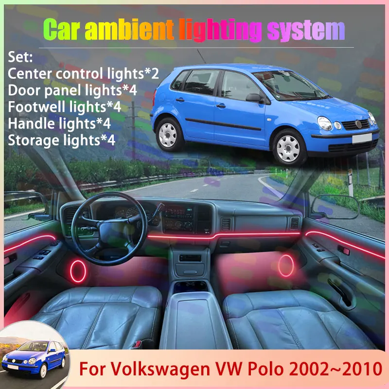 

Для Volkswagen VW Polo Vivo Mk4 2002 ~ 2010 2003 2/18 в 1, автомобильная атмосферная лампа, RGB абажур, ансамбль, стример, атмосферный набор