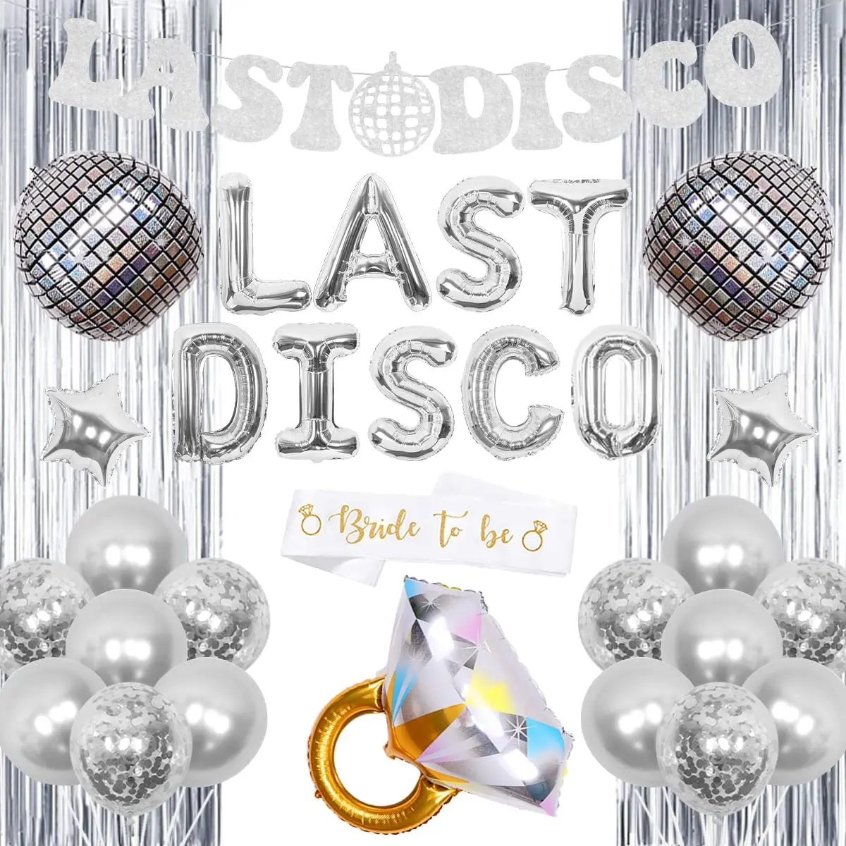 

Last Disco Bachelorette Party Decorations, Silver Disco Ball Ring Balloons, Bride To Be Sash Curtain, Bridal Shower Supplies