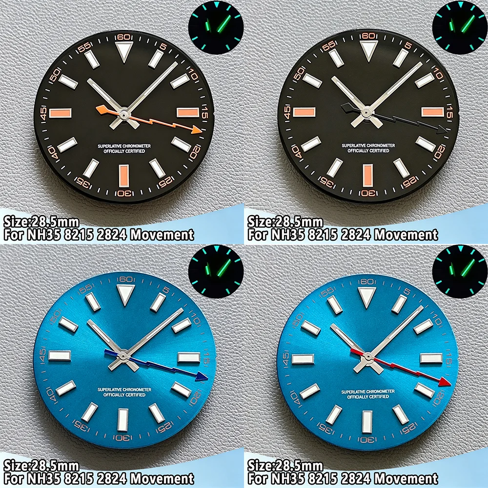 

28.5mm NH35 Dial For MILGAUS Watch Dials Blue Green Luminous Dial 8*12*12.5mm NH35 Watch Hands For NH35/8215/ETA2824 Movement