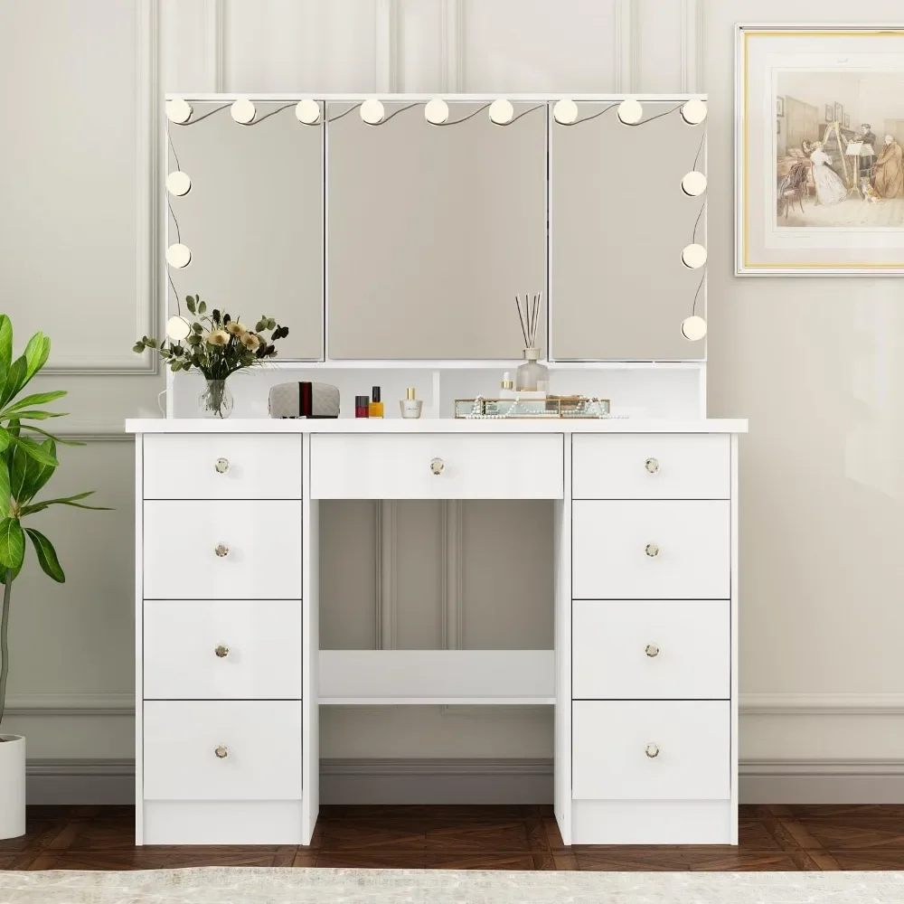 Vanity Desk with Trifold Mirrors & Bulbs, 43.3