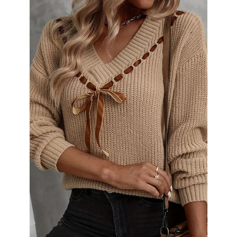 

V-Ne Knitted Sweater with Ribbon Bow Design Casual Comfortable Loose Fit Long Sve Top for Women Autumn Faion ential