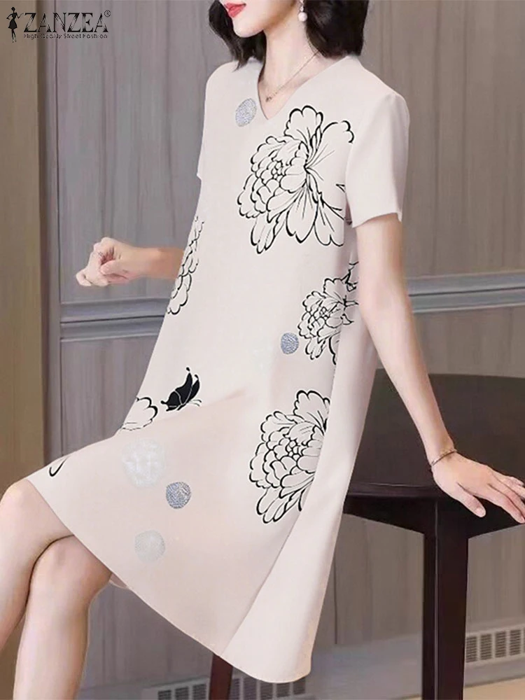 Abito elegante con stampa Abito estivo al ginocchio retrò Casual scollo a V Manica corta Abiti ZANZEA 2025 Abito da festa estivo oversize