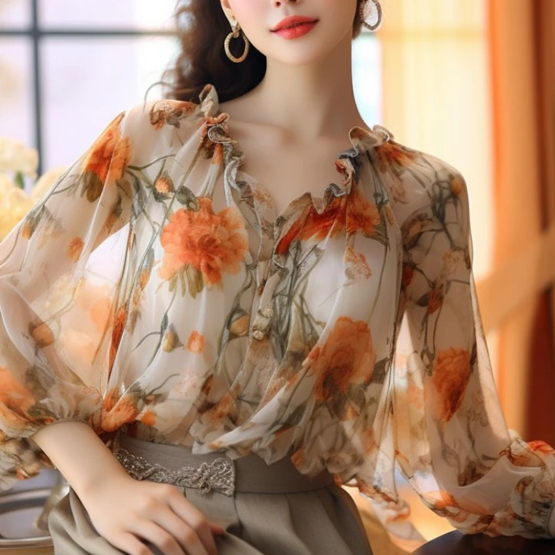 

Chiffon Woman Top V Neck Shirts & Blouses For Women With Print Economic Original Hot Basic Vintage Elegant Luxury Designer S M