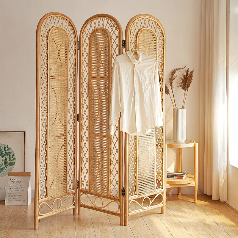 

Neo-Chinese Three-Panel Handmade Agate Rattan Wabi-Sabi Folding Screen for Home & Hotel