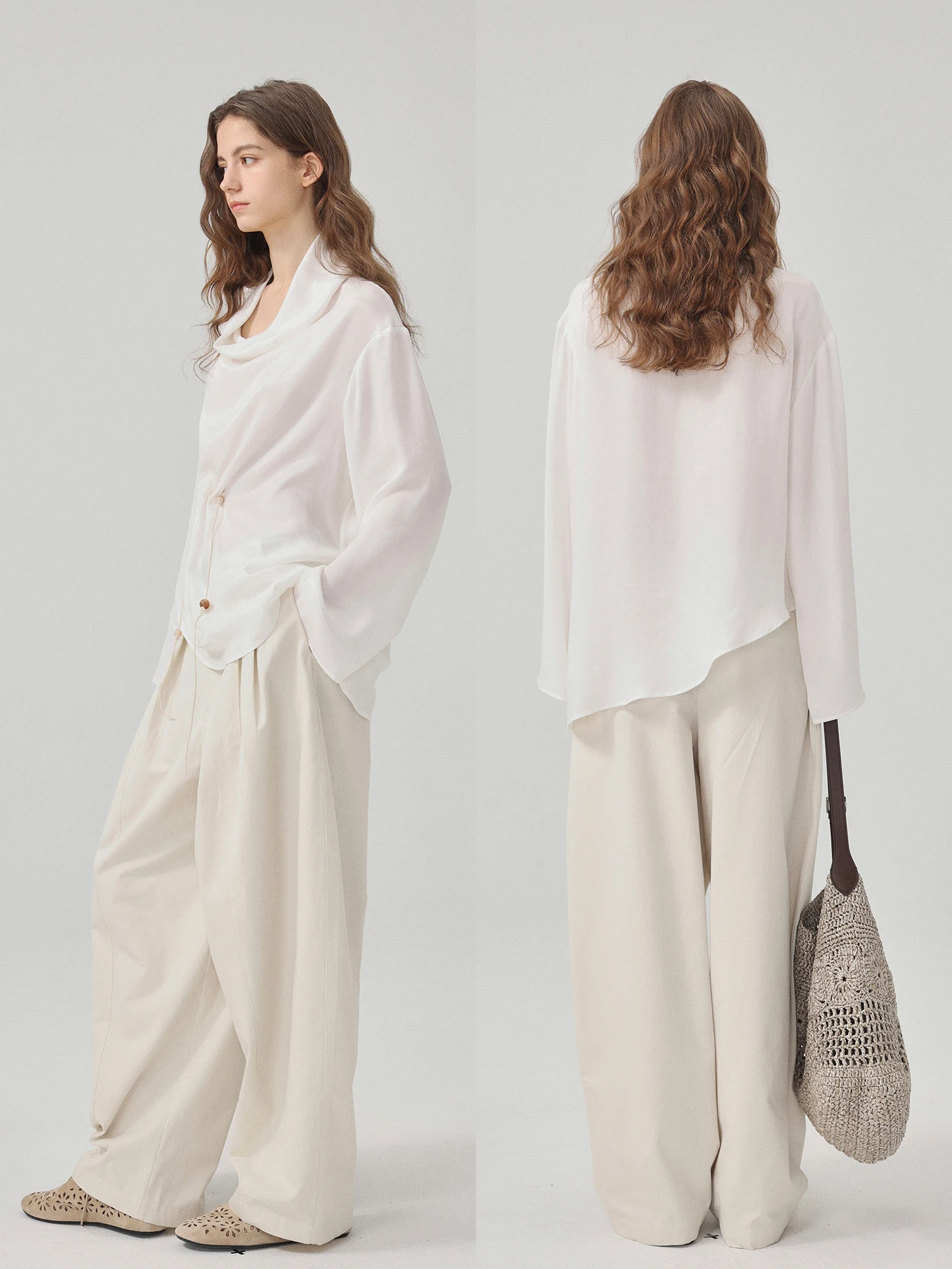 

Dry Cool Feeling Copper Ammonia Lyocell Simple Swing Collar Casual Asymmetrical Semi-Transparent Long Sve irt for Women