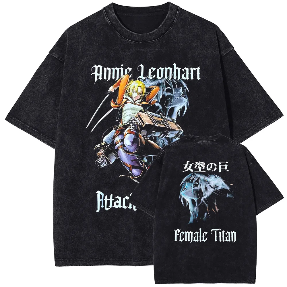 Japan Anime Attack On Titan Annie Leonhart Print Tee Men Women Cotton Tshirts Vintage Washed T Shirt Harajuku Male T-shirt