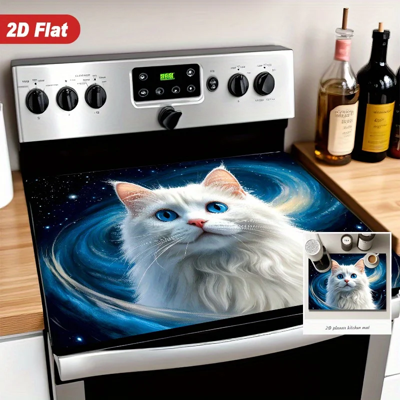 1pc 2D Starry Night Cat with Whiskers Stove Protection Mat, 28.35×20.47inch. Suitable for induction cooktops and ceramic stoves
