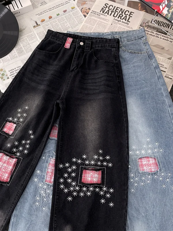 

Retro American Style Men's Jeans Patched Hole Embroidered Casual Straight Leg Long Pants Spring Autumn Trendy Clothing