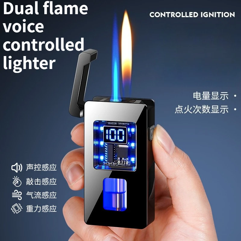 NEW Intelligent Voice Controlled Lighter Blue Flame Dual Flame Windproof Inflatable Transparent Chamber Lighter with Box