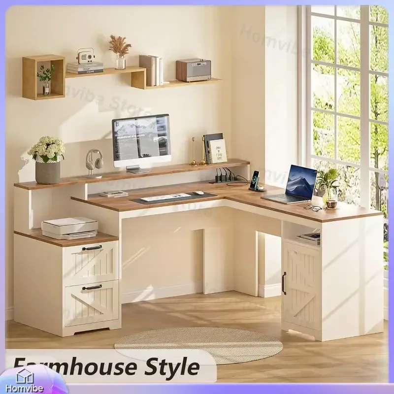 

L Shaped Computer Desk 63 Inch Farmhouse Executive Desk with Drawers Storage Shelf Power Outlets Corner Office Desk Home