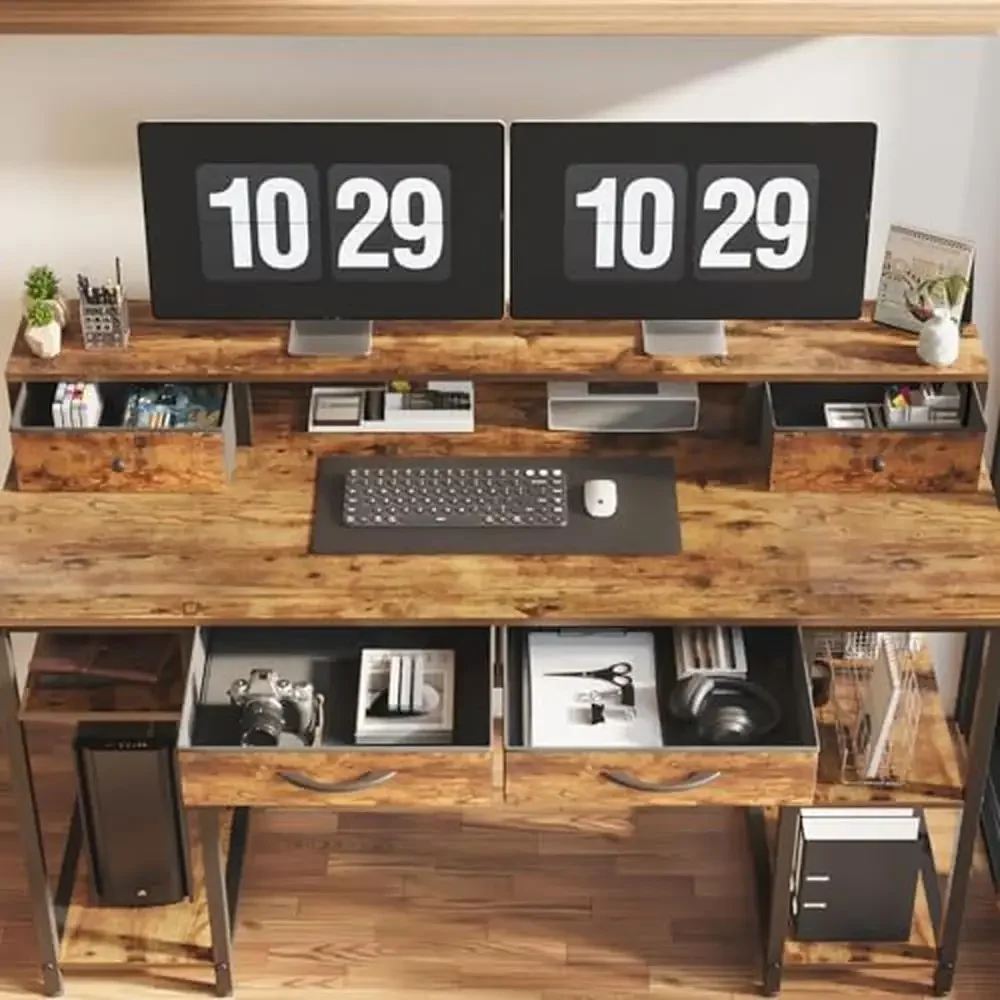 55" Computer Desk with Monitor Shelf Storage Drawers Home Office Work Study Desk Sturdy Steel Frame Wood Top Multi-Functional