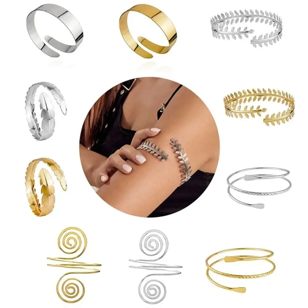 مجوهرات فضية معدنية شارة مجموعة سبائك ذهبية يترك الذراع الكفة الأساور قابل للتعديل Armlet الهندسة الذراع سوار الطرف #5