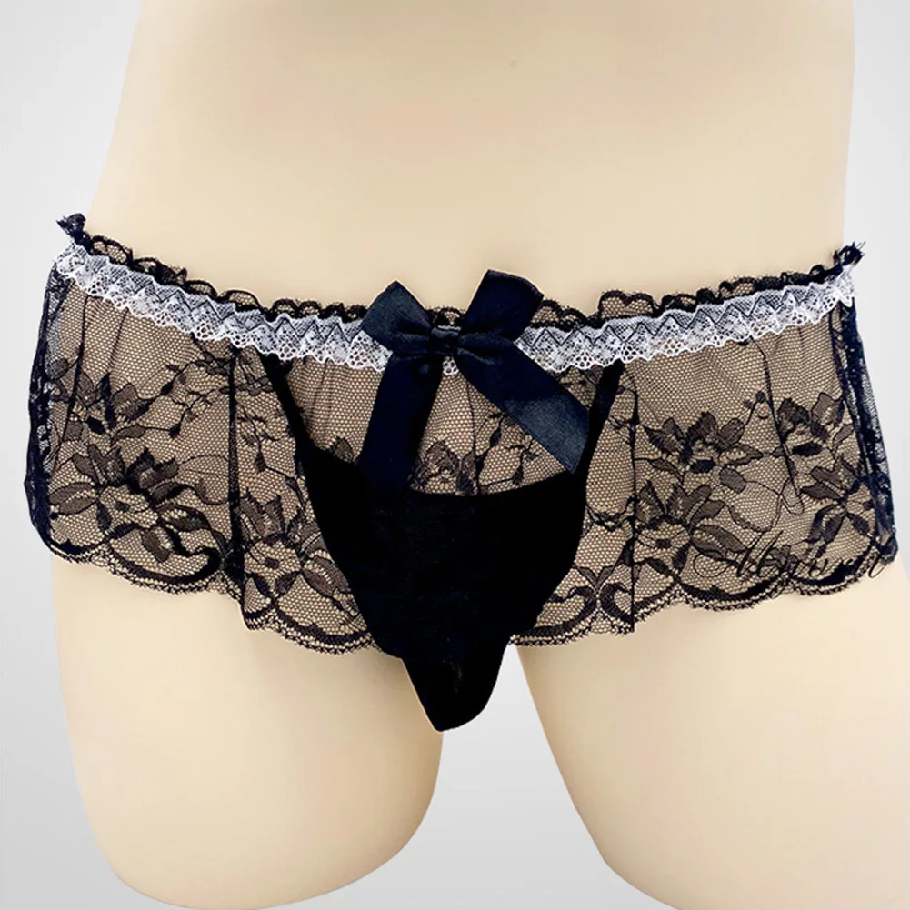 

For Everyday Fashion Black Mens Thongs Lace Pouch Bulge Pouch Low Rise Ruffle Design Slight Stretch Solid Pattern
