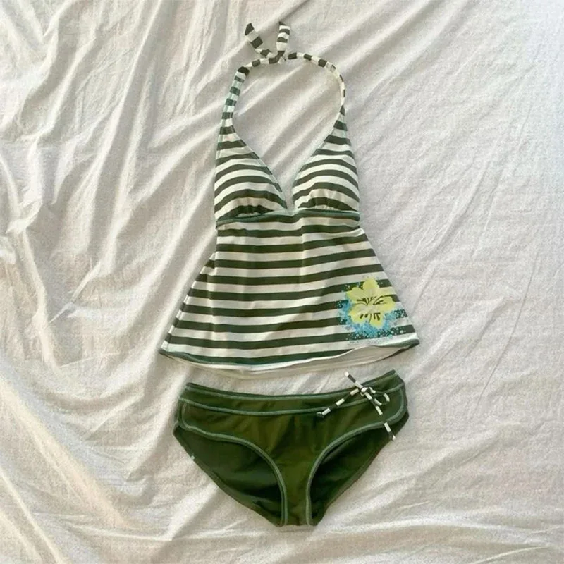 Y2K Sexy Neckholder-Top, kleines Camisole-Top, rückenfreies, eng anliegendes Damen-Unterhemd, grün gestreiftes Westen-Set