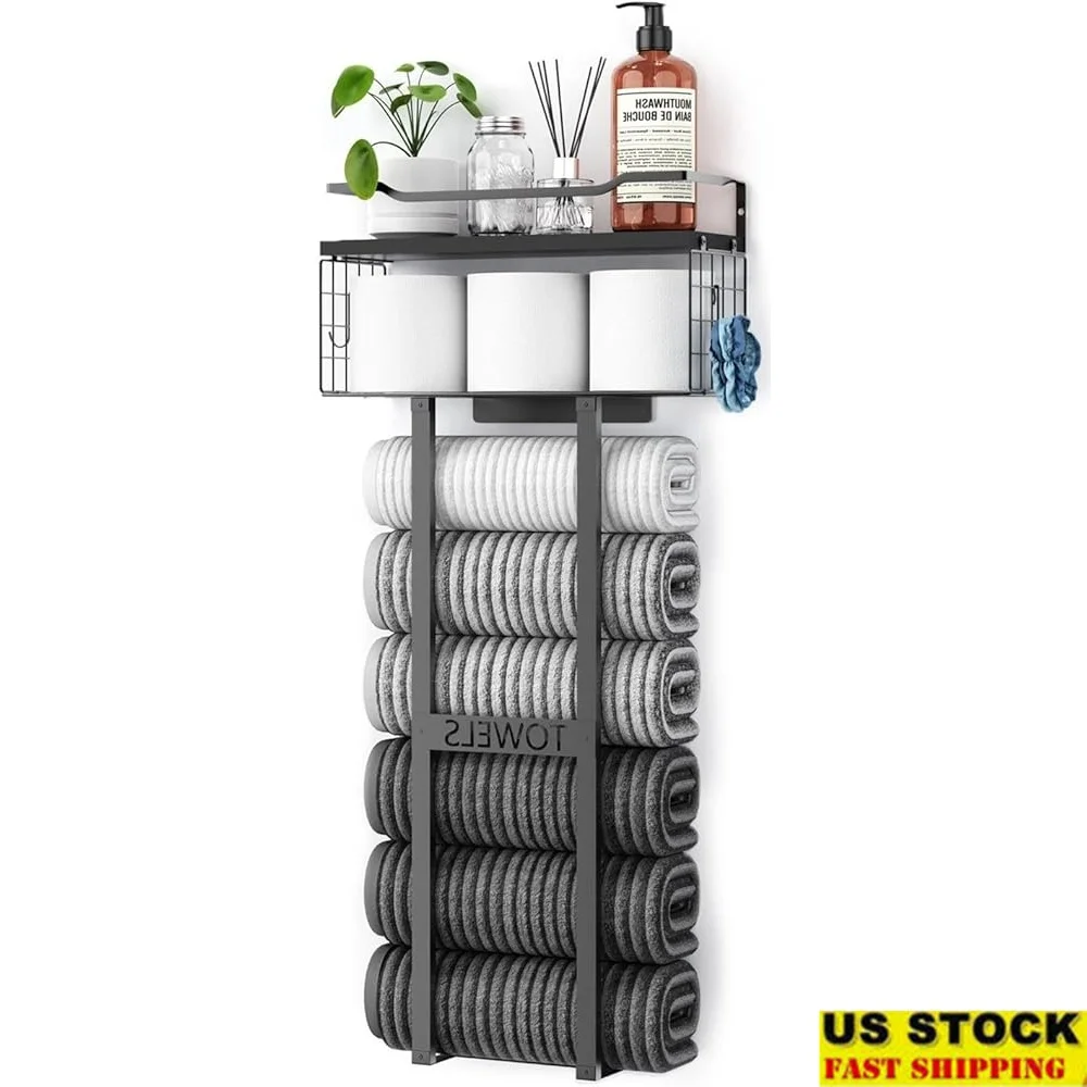 

Настенная большая металлическая вешалка для полотенец, органайзер для ванной комнаты, плавающая полка с деревянной доской, решение для быстрой установки и хранения