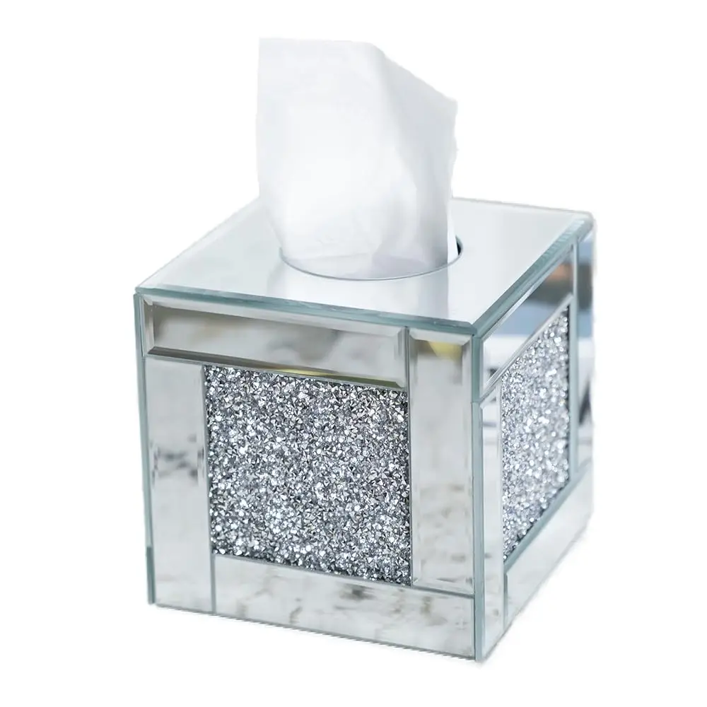 

Зеркальный держатель для салфеток, квадратный стеклянный диспенсер для салфеток с кристаллами из дробленого алмаза, роскошный органайзер для бумажных салфеток
