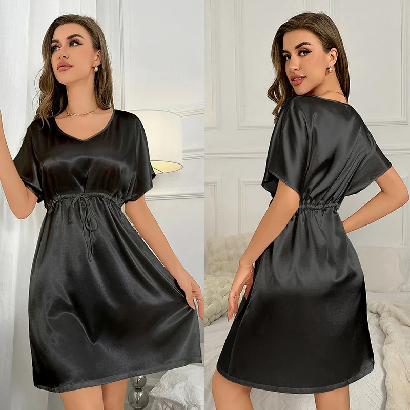 Nightgown Dress Summer Ice Silk Waist Thin Nightdress Dressing Gown Solid Sleepwear Women Silky Satin Bathrobe Lounge wear