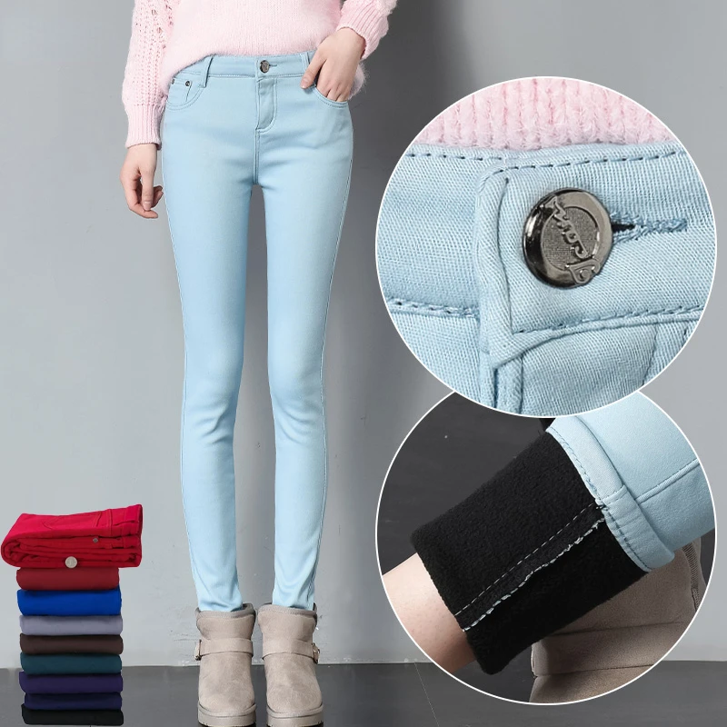 Women Candy color Thicken Velvet skinny jeans Winter Trendy Low Rise Warm Leggings Jeans Oversize Elastic Denim Pencil Pants