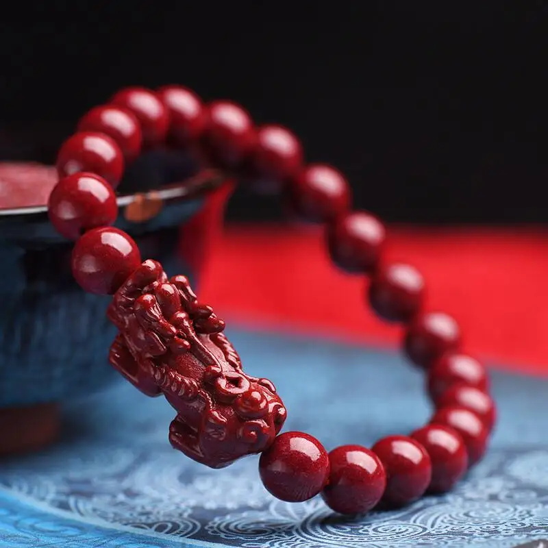 Natural Cinnabar Pixiu with Round Beads Bracelet Fashion Simple Bracelet